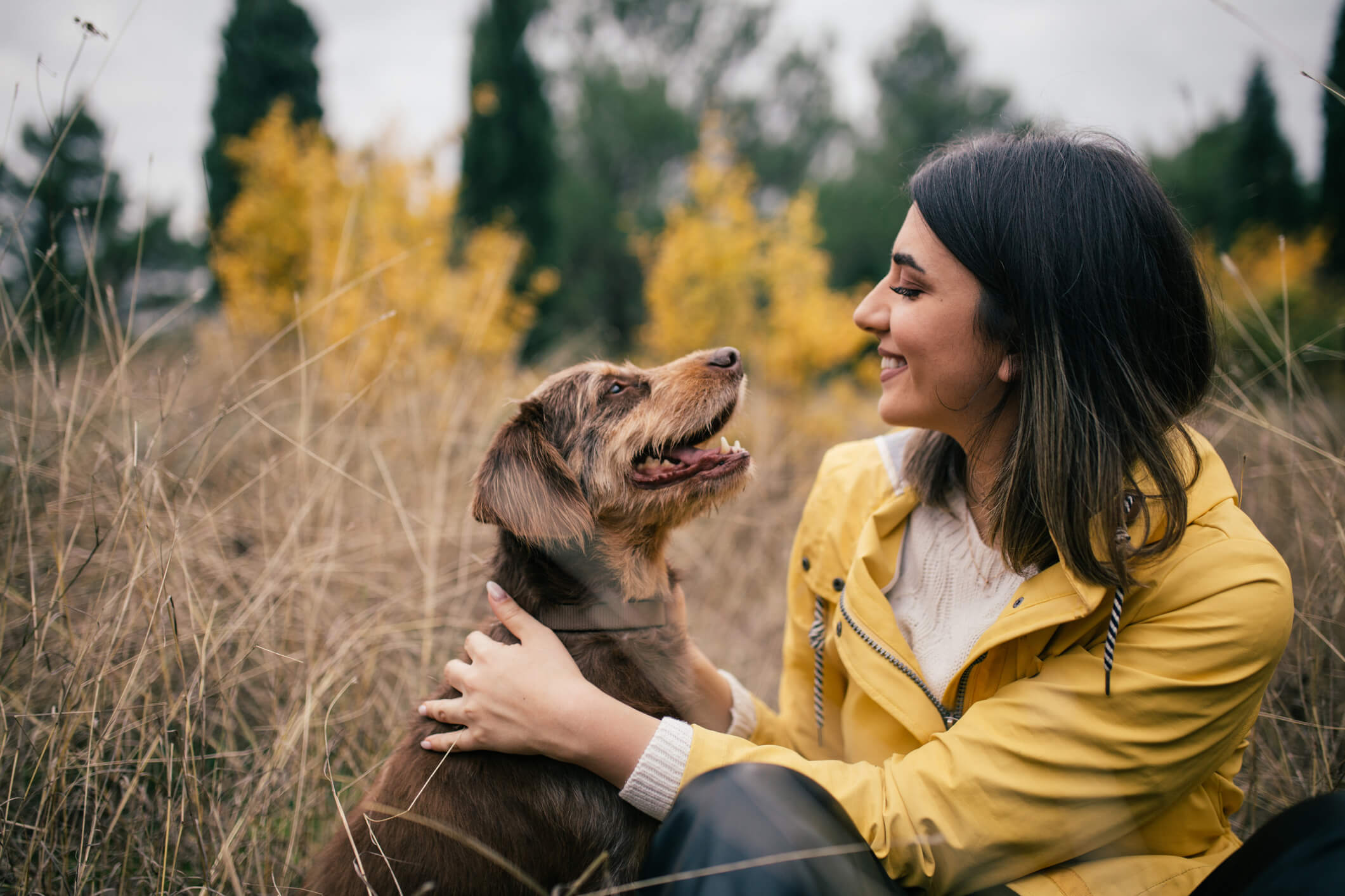 Owner with Dog in Yellow Jacket